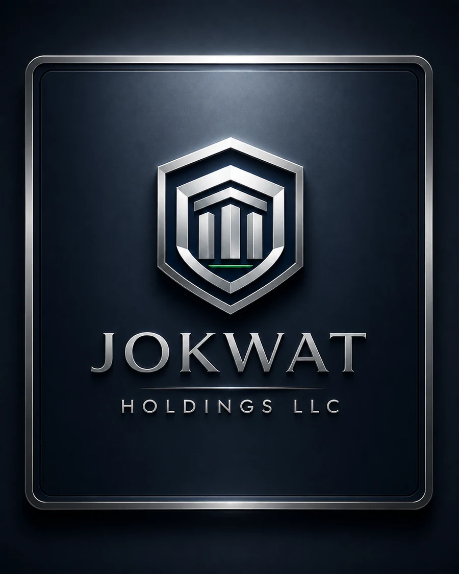 JOKWAT Holdings LLC shield and three-pillar corporate identity representing governance, protection, stability, stewardship, controlled risk, and portfolio oversight